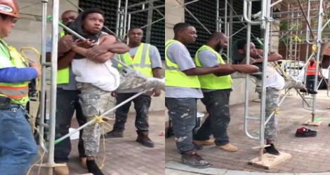 Des ouvriers attrapent un voleur et l’attachent à leur échafaudage (Vidéo)