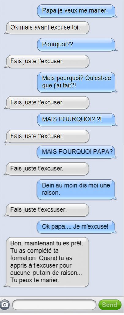 Il veut se marier mais son papa lui dit de dire pardon. Pourquoi? Le père est un génie