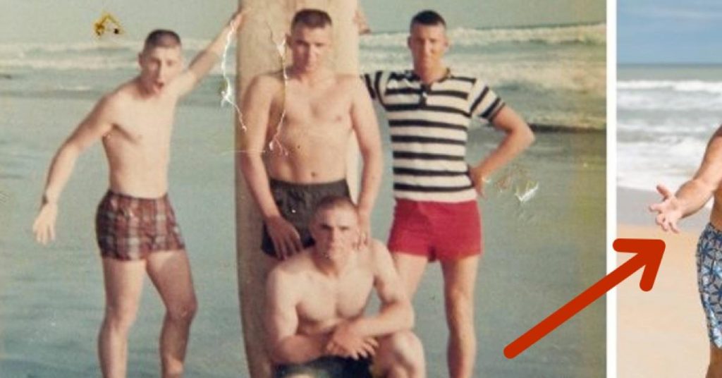 Les 4 hommes posent sur la plage avant la guerre. 50 ans plus tard quand ils prennent cette photo, les larmes leur montent aux yeux.