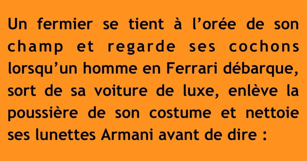 Un fermier est à l’orée de son champ en train de regarder ses cochons lorsqu’un jeune homme en Ferrari arrive.