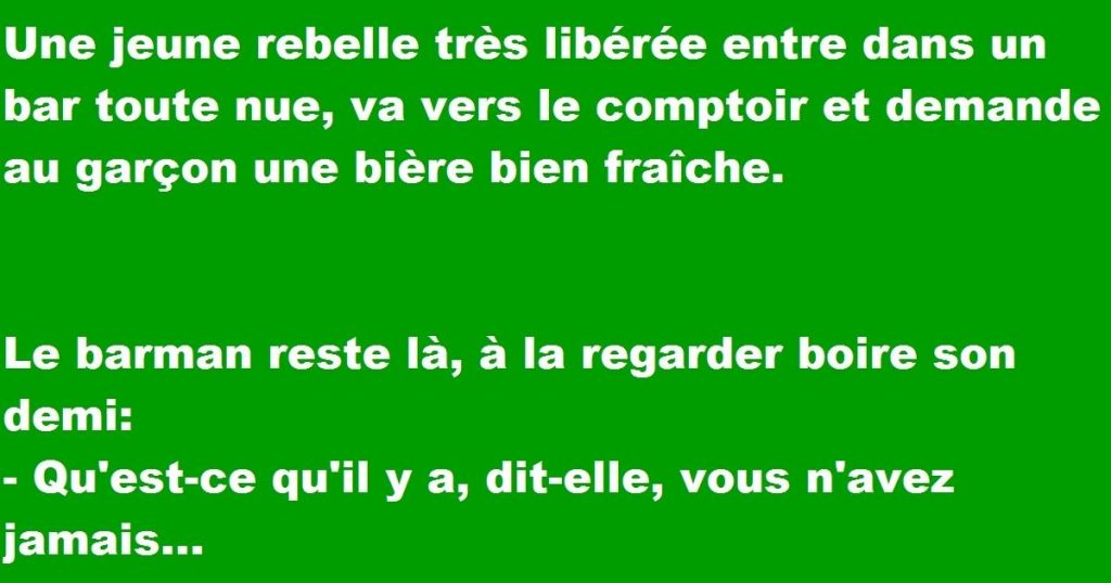 Une jeune rebelle très libérée entre dans un bar toute nue, va vers le comptoir et demande au garçon une bière bien fraîche