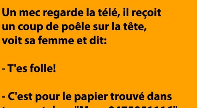 Un gars matte la télé tranquille reçoit un coup de poêle sur la tête, voit sa femme et dit…