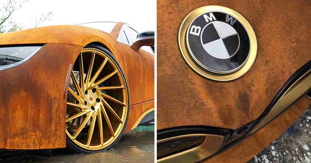 Une BMW customisée pour ressembler à une voiture post-apocalyptique couverte de rouille