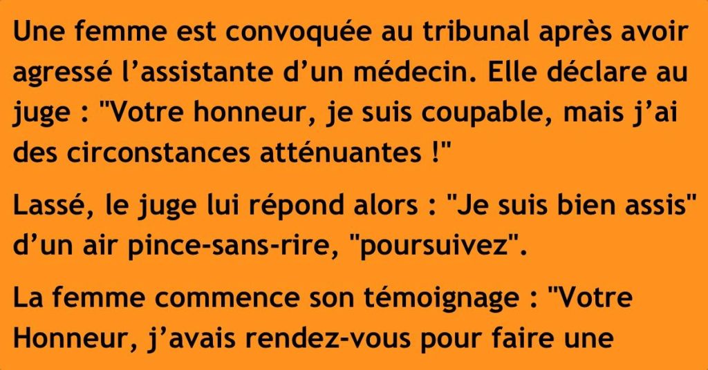 Une femme se rend au tribunal pour avoir agressé la secrétaire de son médecin. Elle dit au juge : “Votre honneur, je suis coupable”.